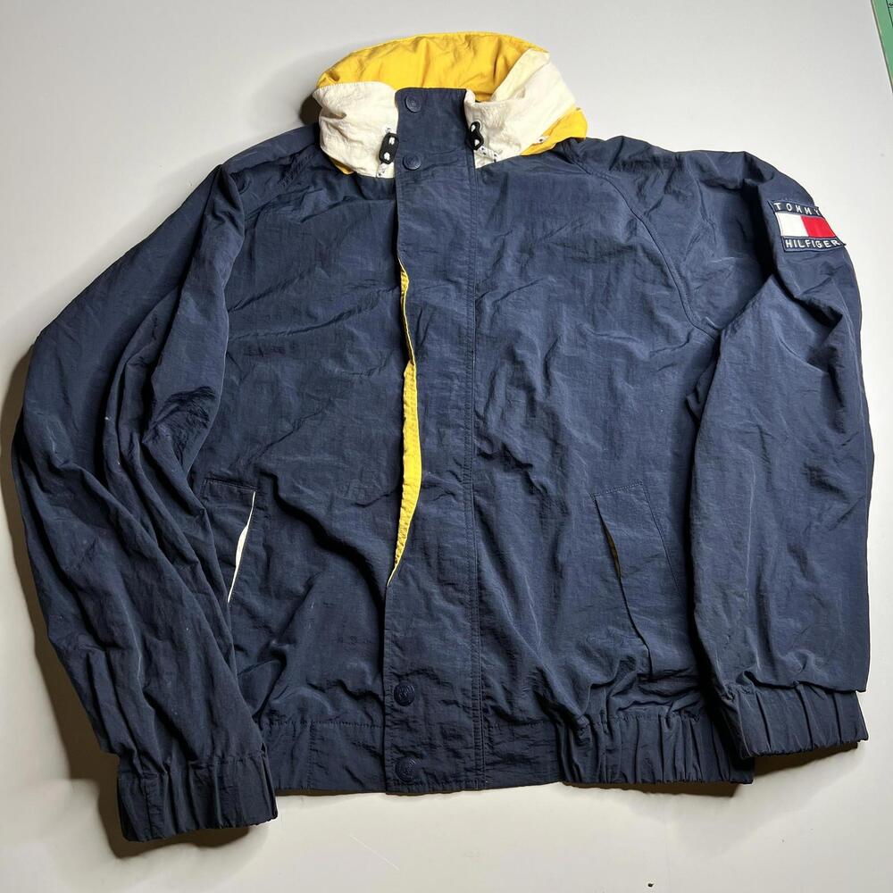 Tommy Hilfiger Jacket‎ Mens XL Blue Hooded Nylon Flag Logo Windbreaker Nautical